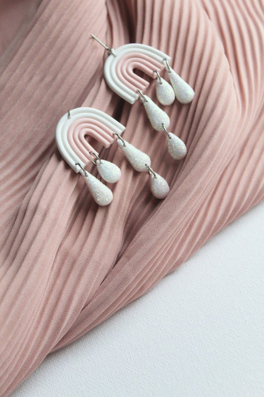 Statement Rainbow Earrings, Pink Rainbow with Rain Drops, Polymer Clay Earrings - Studio Niani