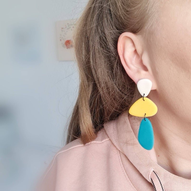 Stone Earrings, Polymer Clay Earrings, Ochre, Brown, Teal, Beige - Studio Niani