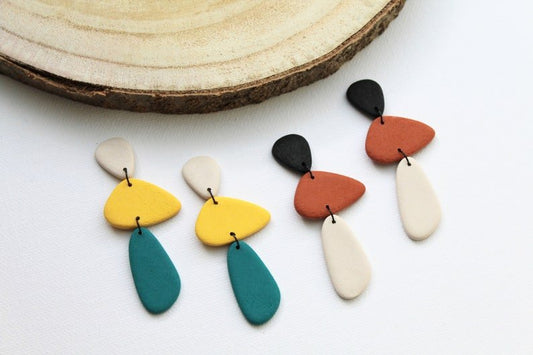 Stone Earrings, Polymer Clay Earrings, Ochre, Brown, Teal, Beige - Studio Niani