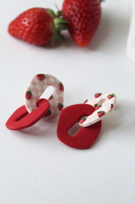 Strawberry Earrings, Chain Link Earrings, Polymer Clay Earrings, Pink Checkerboard - Studio Niani