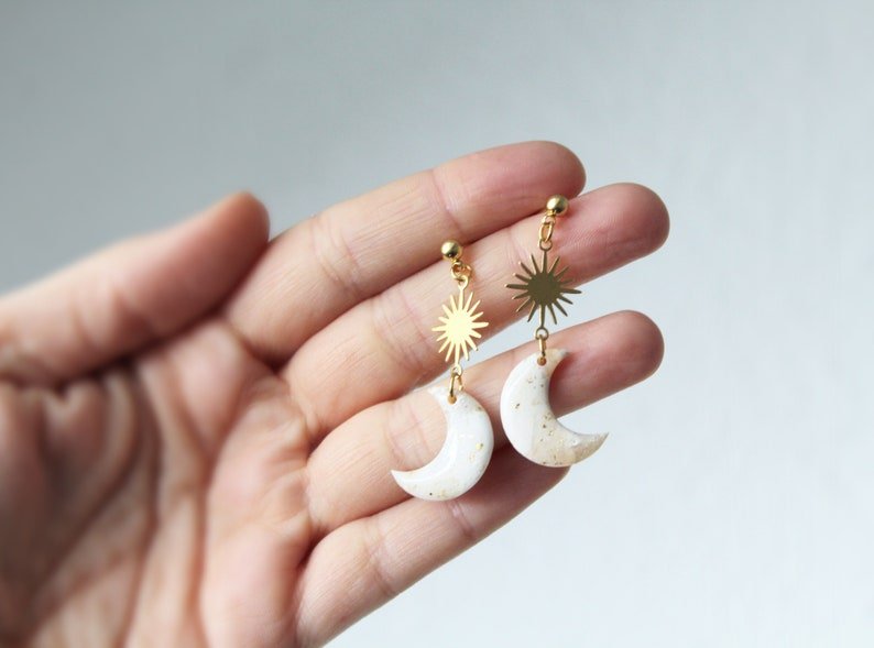 Sun and Moon Earrings, Polymer Clay Earrings, Minimalist, Elegant Earrings - Studio Niani