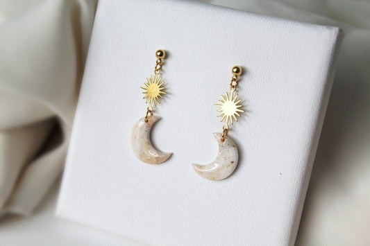 Sun and Moon Earrings, Polymer Clay Earrings, Minimalist, Elegant Earrings - Studio Niani