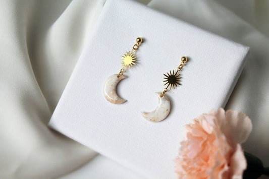 Sun and Moon Earrings, Polymer Clay Earrings, Minimalist, Elegant Earrings - Studio Niani