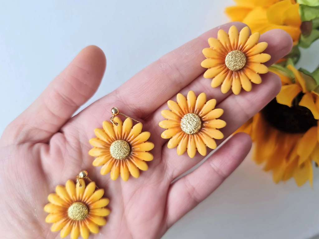 Sunflower Earrings, Polymer Clay Earrings, Handmade Clay Earrings, Floral, Handmade Earrings, Dangle Earrings, Statement Earrings, Studs