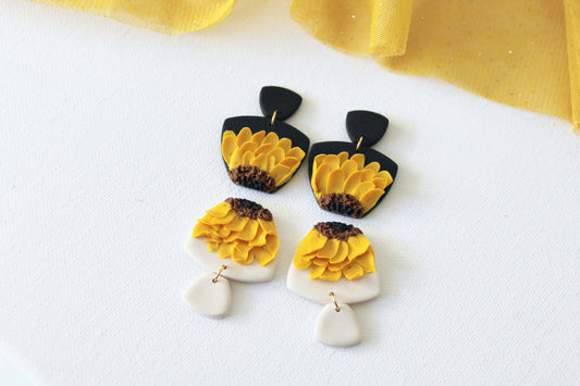 Sunflower Earrings, Polymer Clay Floral Earrings, Black and Beige - Studio Niani