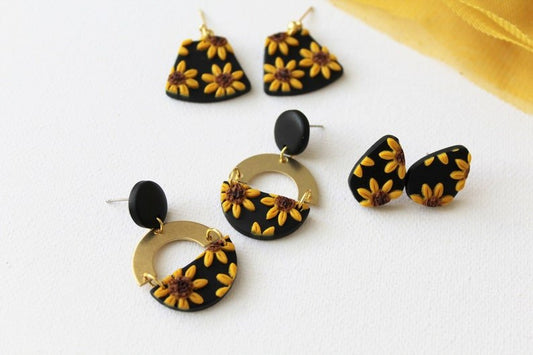 Sunflower Earrings, Polymer Clay Floral Earrings, Floral Earrings in three design - Studio Niani