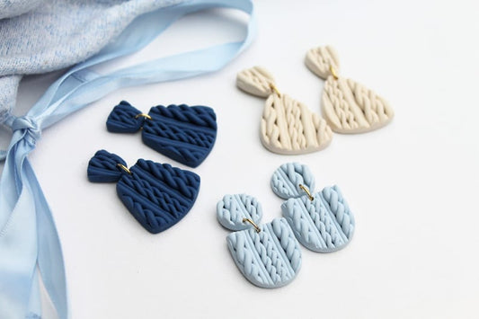 Sweater Earrings, Knitted Polymer Clay Earrings, Navy Blue, Light Blue and Beige - Studio Niani