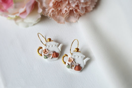 Tea Pot Earrings, Handmade, Autumn Earrings, Polymer Clay Earrings, 18K Golden Plated Hoops