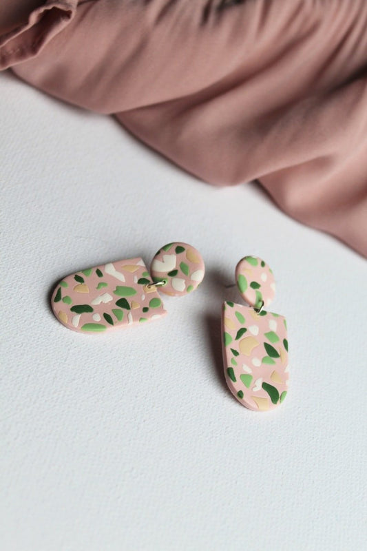 Terrazzo Earrings, Polymer Clay Earrings, Pink and Green Mosaic - Studio Niani