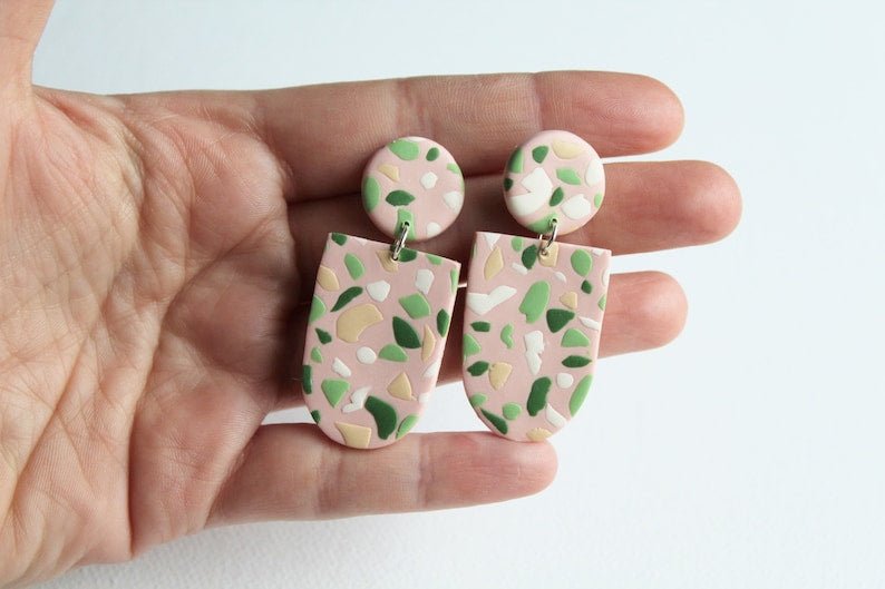 Terrazzo Earrings, Polymer Clay Earrings, Pink and Green Mosaic - Studio Niani