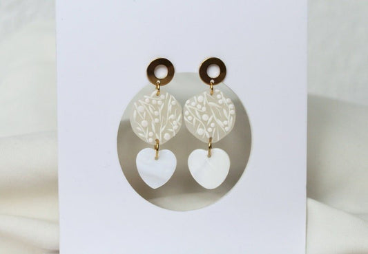 White Earrings, Polymer Clay Earrings with Shell Pendant, Heart Earrings, Wedding, Bridal - Studio Niani