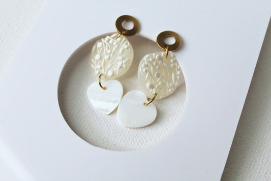 White Earrings, Polymer Clay Earrings with Shell Pendant, Heart Earrings, Wedding, Bridal - Studio Niani