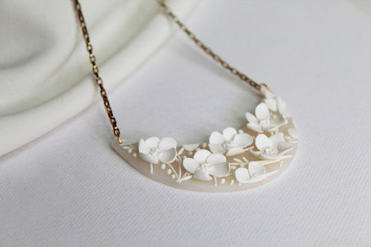 White Flower Necklace, Floral Necklace, Stainless Steel Chain, Polymer Clay Necklace, Elegant, Bridal - Studio Niani