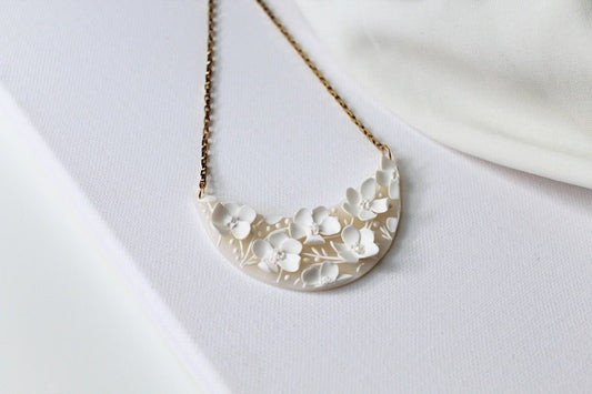 White Flower Necklace, Floral Necklace, Stainless Steel Chain, Polymer Clay Necklace, Elegant, Bridal - Studio Niani