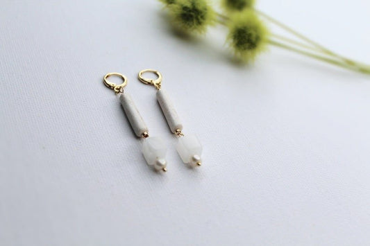 White Jade Earrings, Elegant Gemstone Earrings with Freshwater Pearls, 24K Gold Plated - Studio Niani