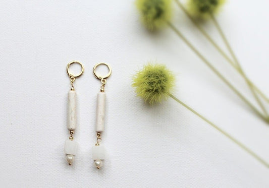 White Jade Earrings, Elegant Gemstone Earrings with Freshwater Pearls, 24K Gold Plated - Studio Niani