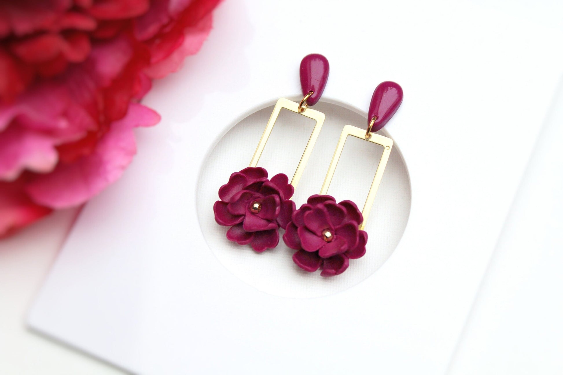 Dangle Floral Earrings, Flower Earrings, Burgundy Earrings, Polymer Clay Earrings, Spring Earrings, Earrings, Handmade Earrings, Statement
