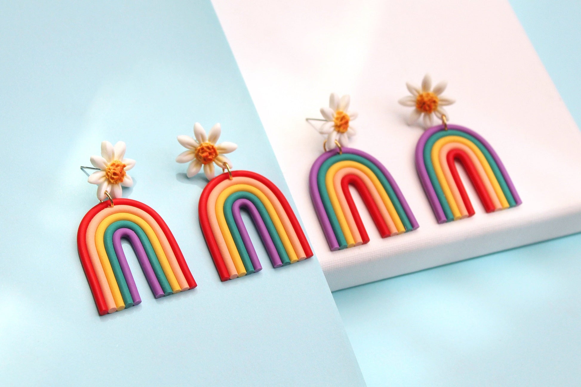 Rainbow Earrings, Daisy and Rainbow Earrings, Statement Earrings, Spring, Summer, Polymer Clay Earrings, Boho, Geometric, Handmade Earrings