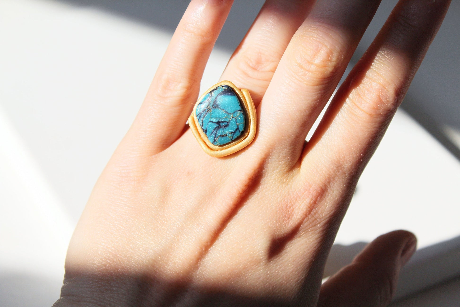 Turquoise Ring, Statement Summer Ring , Handmade Jewelry, Aqua Ring, Marble Clay Jewelry, Elegant, Turquoise Rings, Gift, Polymer Clay Ring