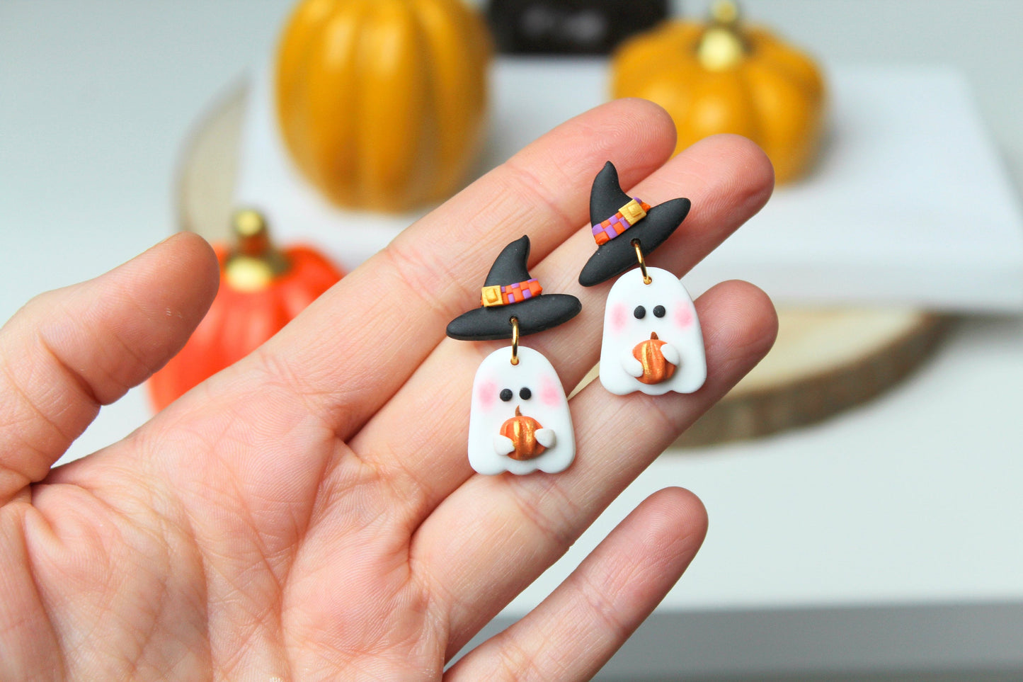 Halloween Earrings, Ghost Earrings, Cute Ghost Earrings, Dangle Earrings, Polymer Clay Earrings, Halloween Earring,Halloween Ghost,Witch Hat