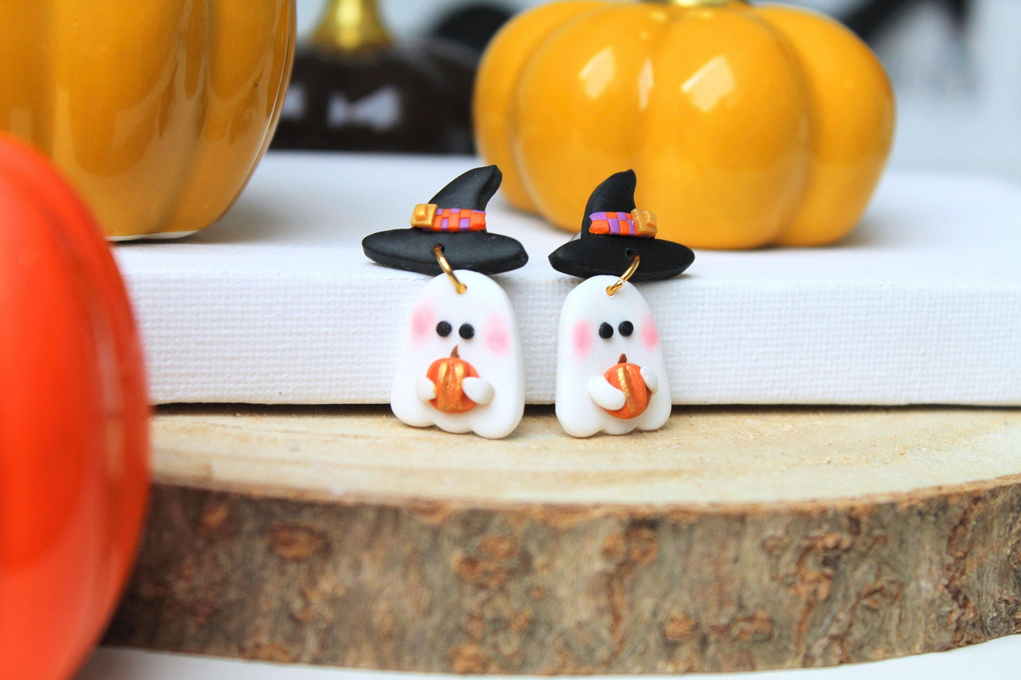 Halloween Earrings, Ghost Earrings, Cute Ghost Earrings, Dangle Earrings, Polymer Clay Earrings, Halloween Earring,Halloween Ghost,Witch Hat