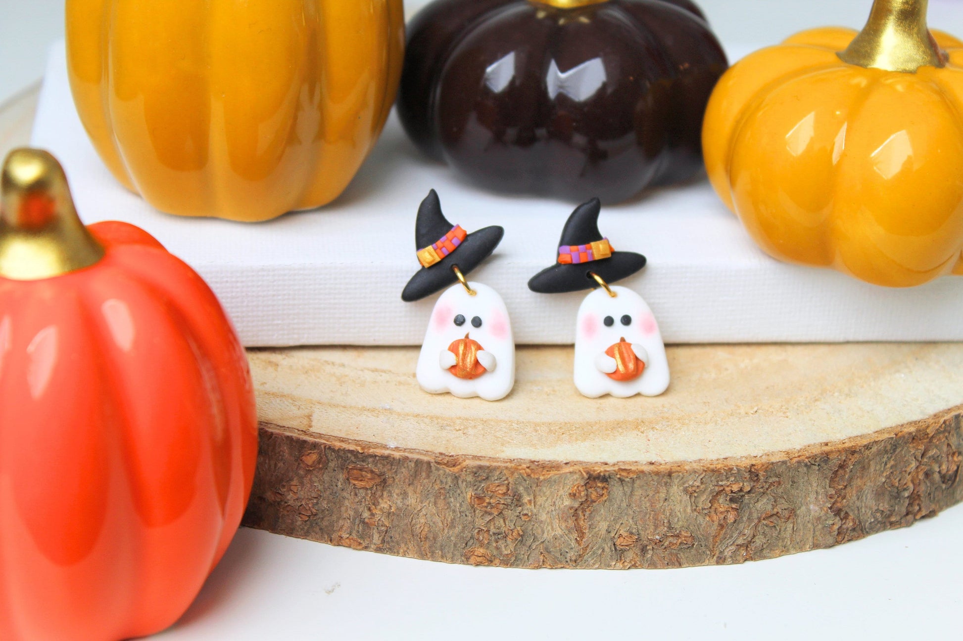 Halloween Earrings, Ghost Earrings, Cute Ghost Earrings, Dangle Earrings, Polymer Clay Earrings, Halloween Earring,Halloween Ghost,Witch Hat