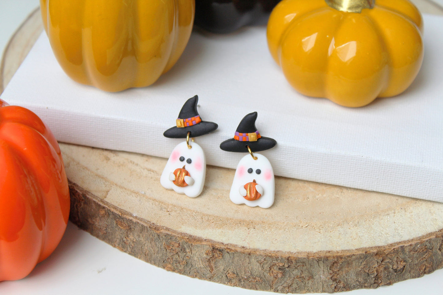 Halloween Earrings, Ghost Earrings, Cute Ghost Earrings, Dangle Earrings, Polymer Clay Earrings, Halloween Earring,Halloween Ghost,Witch Hat