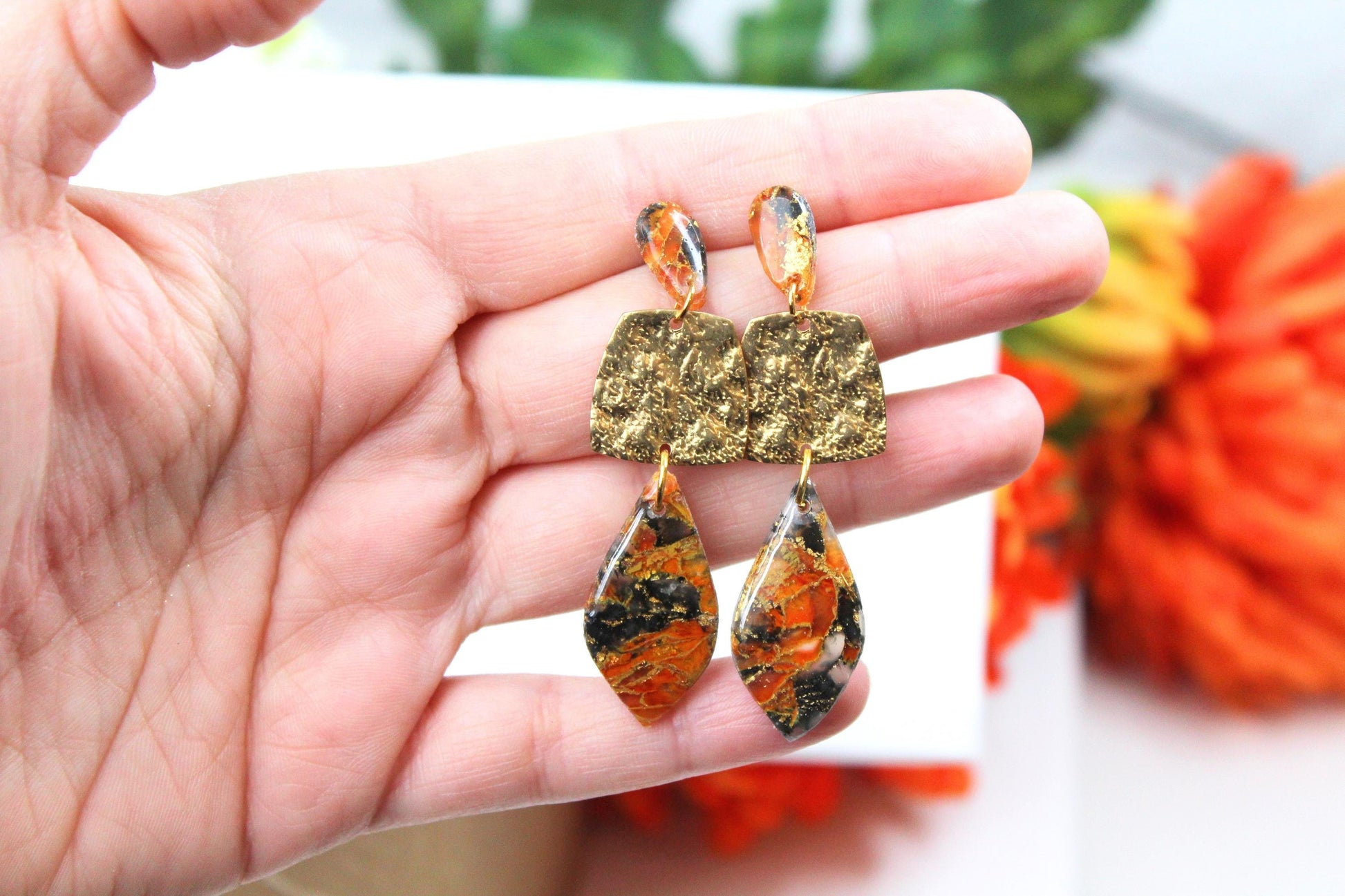 Brown Marble Earrings, Elegant Handmade Harrings, Black, Faux Tiger Eye Earrings, Statement Earrings, Marble Earrings, Polymer Clay Earrings