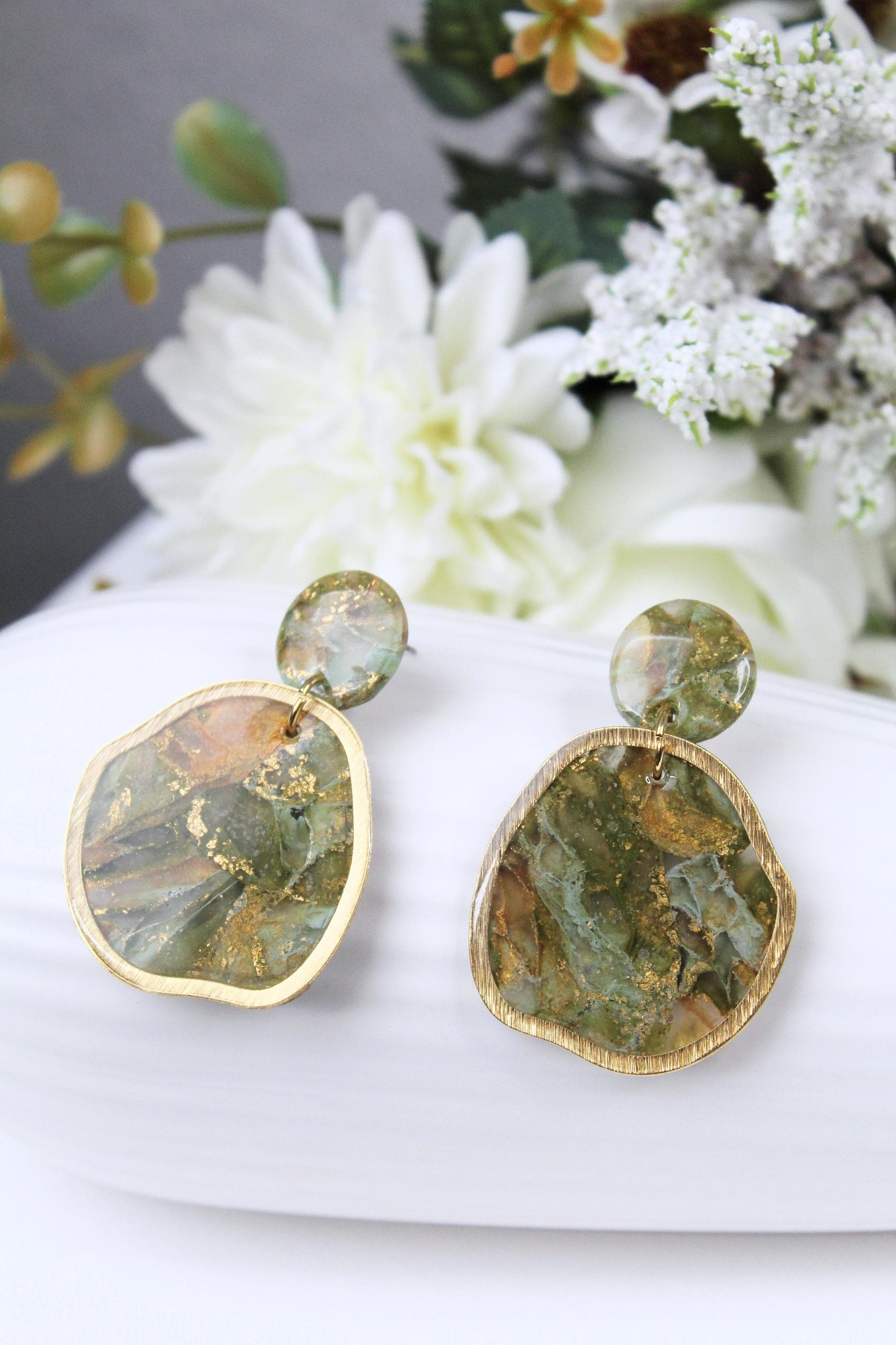 Statement Earrings, Green Earrings, Green and Golden Earrings, Marble Clay Earrings, Elegant Earrings, Polymer Clay, Aesthetic,Handmade,Gift