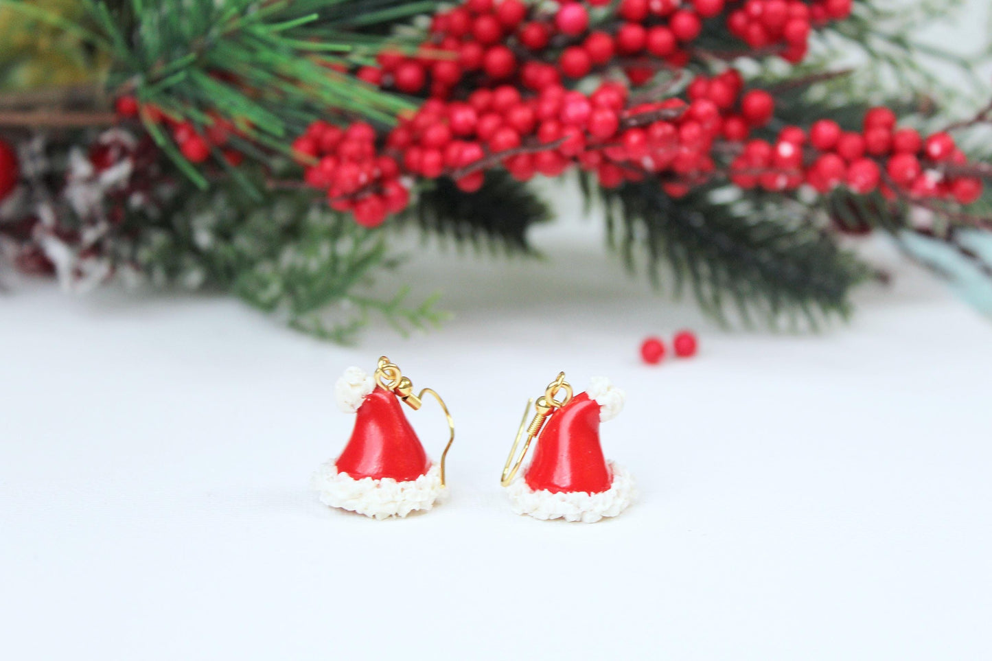 Santa Hat Earrings, Handmade and Handsculped, X-mas Earrings, Polymer Clay Earrings,Christmas Earrings,Holiday Earrings,Handmade,Santa's Hat