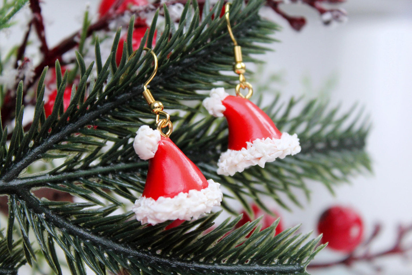 Santa Hat Earrings, Handmade and Handsculped, X-mas Earrings, Polymer Clay Earrings,Christmas Earrings,Holiday Earrings,Handmade,Santa's Hat