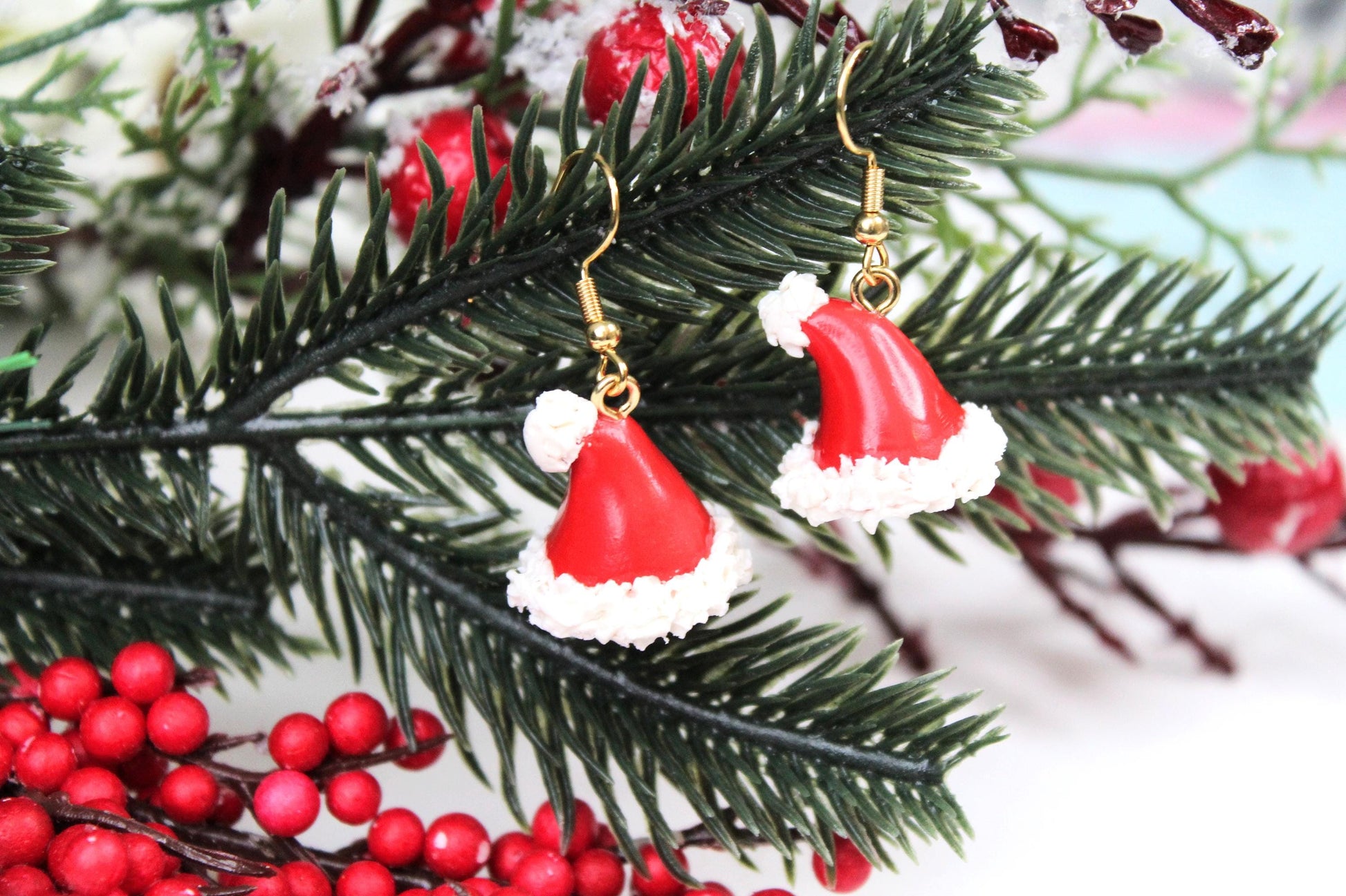 Santa Hat Earrings, Handmade and Handsculped, X-mas Earrings, Polymer Clay Earrings,Christmas Earrings,Holiday Earrings,Handmade,Santa's Hat