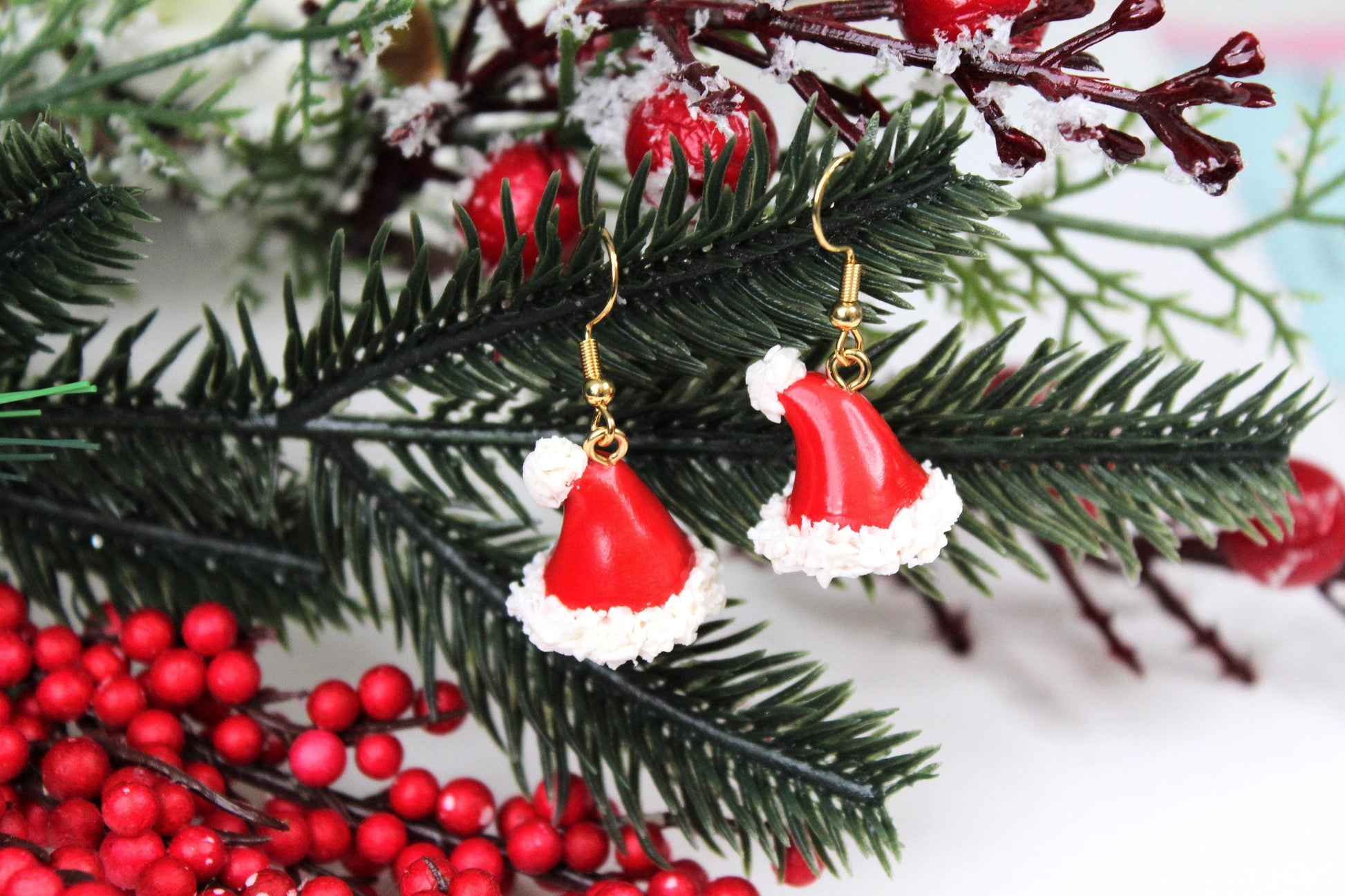 Santa Hat Earrings, Handmade and Handsculped, X-mas Earrings, Polymer Clay Earrings,Christmas Earrings,Holiday Earrings,Handmade,Santa's Hat