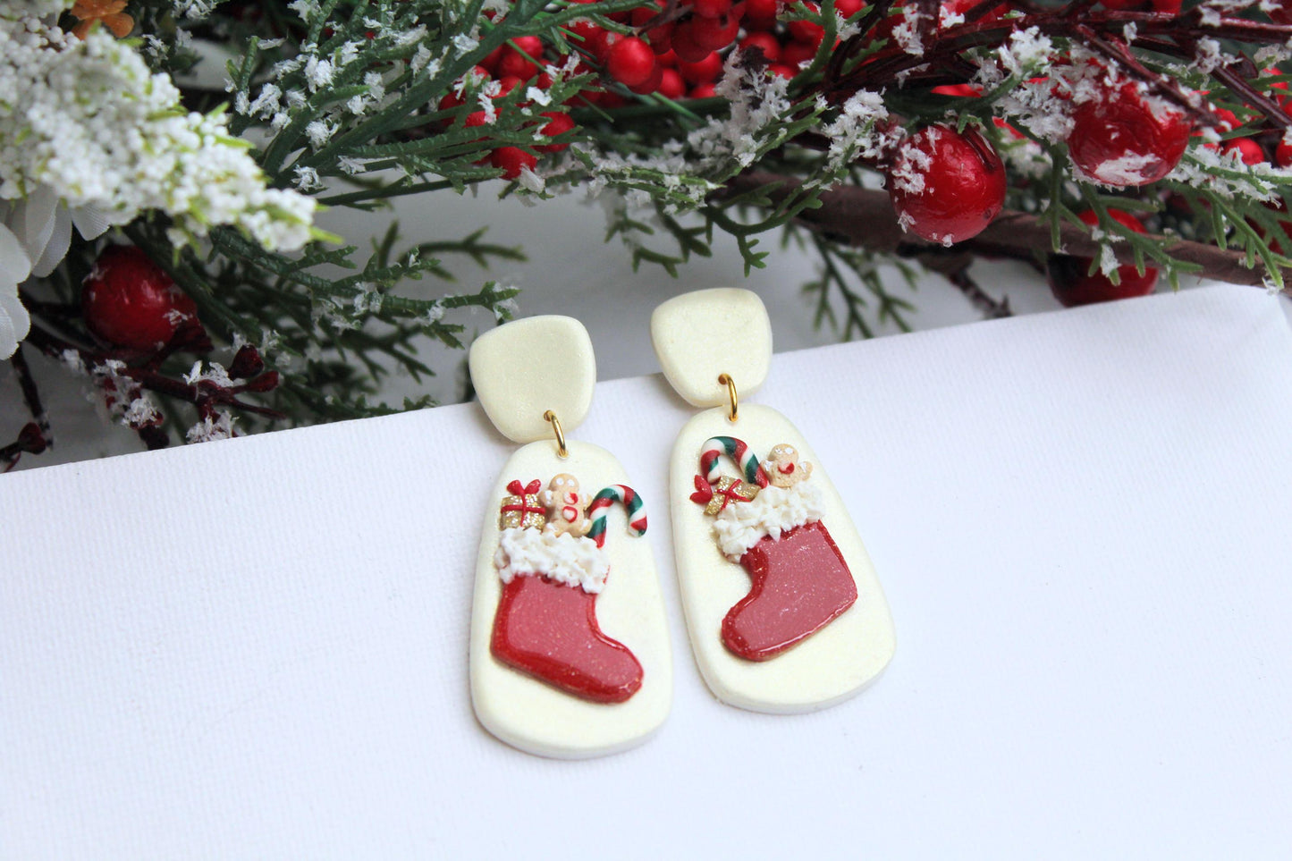 Santa Sock Earrings, Christmas Gift Earrings, Santa Gift, Polymer Clay,Christmas Earrings, Statement Earrings, Handmade, Christams Gift Idea