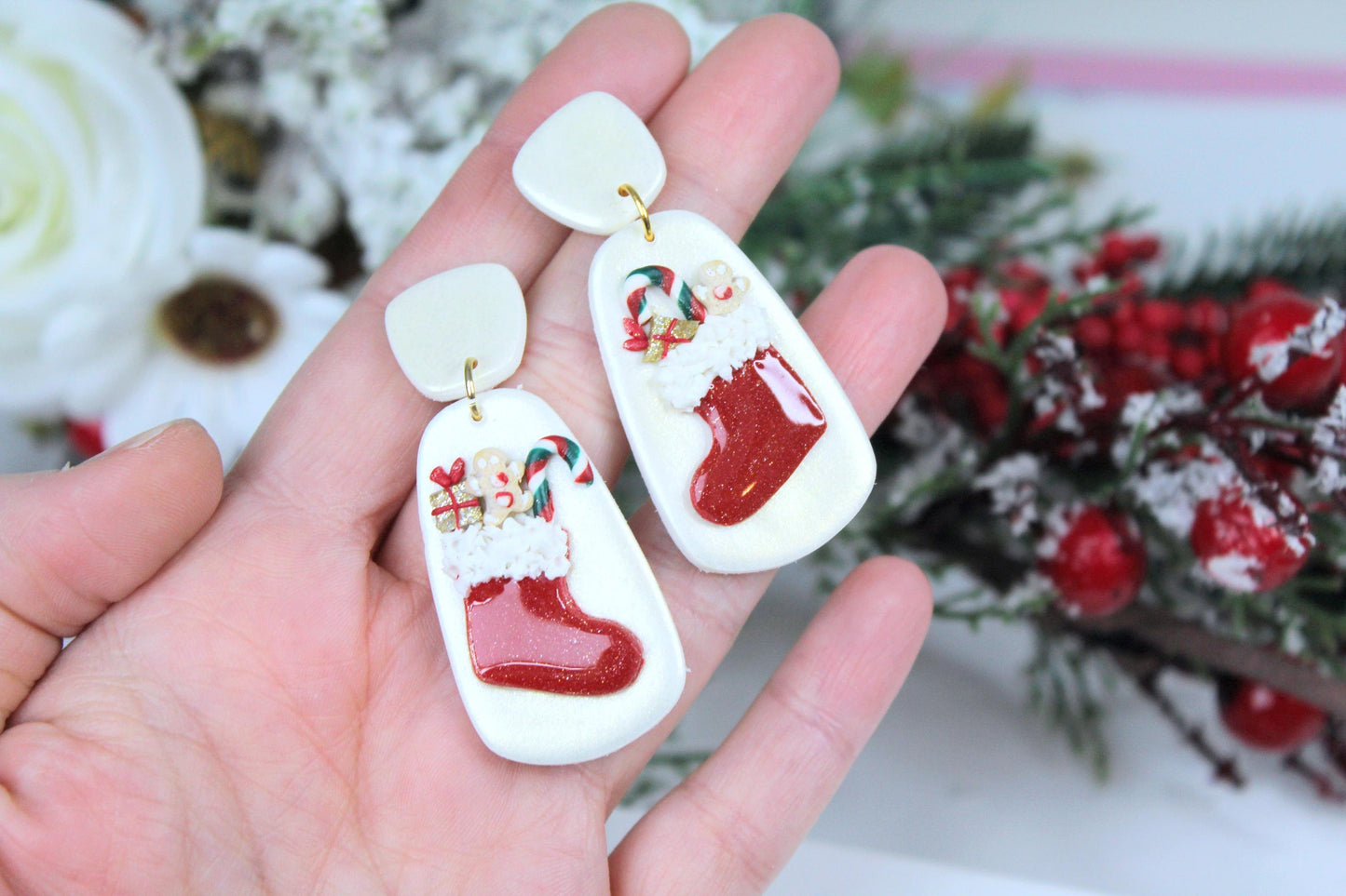 Santa Sock Earrings, Christmas Gift Earrings, Santa Gift, Polymer Clay,Christmas Earrings, Statement Earrings, Handmade, Christams Gift Idea