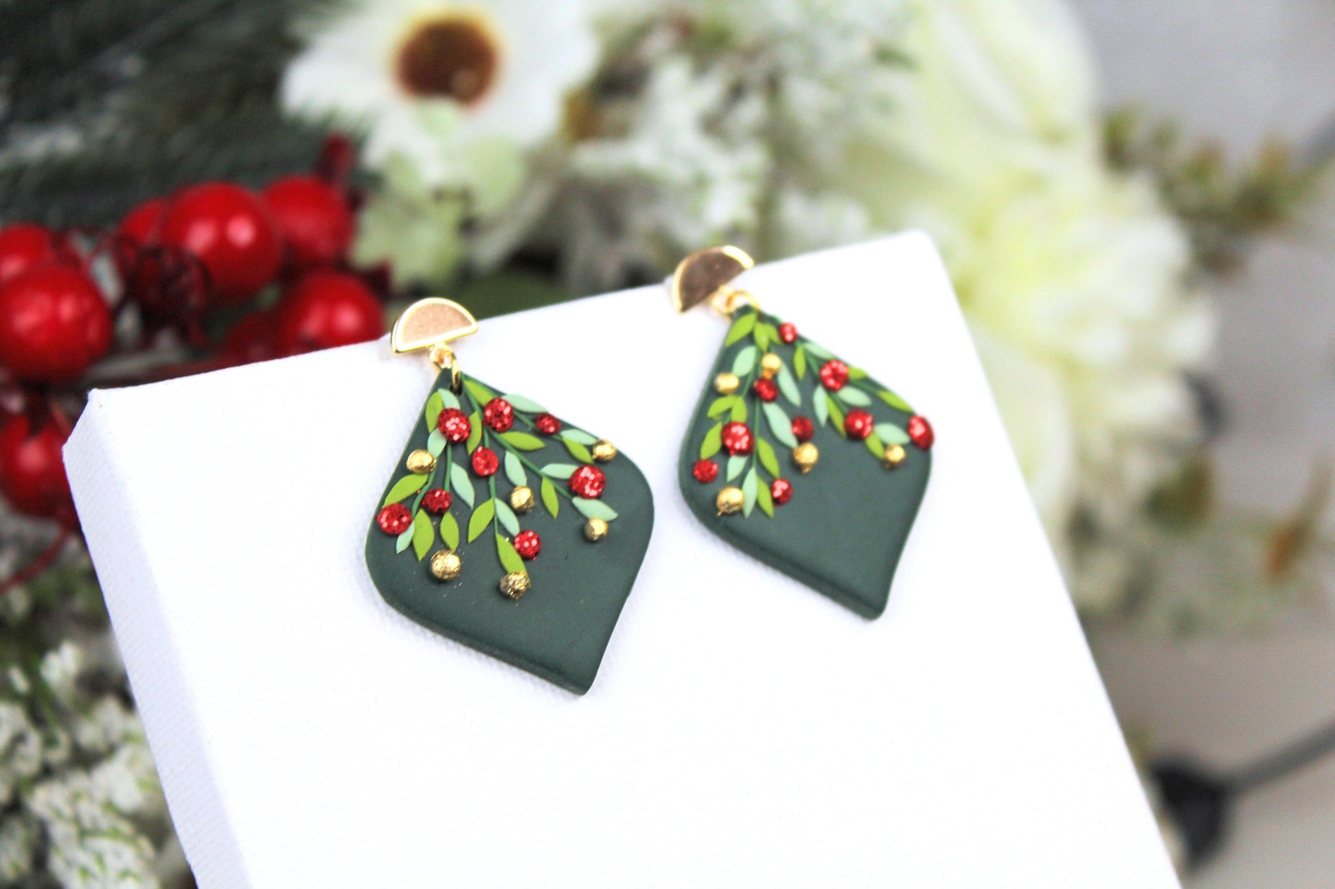 Christmas Earrings, Elegant Holiday Earrings, Handmade Earrings, Green Earrings, Christmas Tree Balls, Statement Earrings,Gift,Handmade Gift