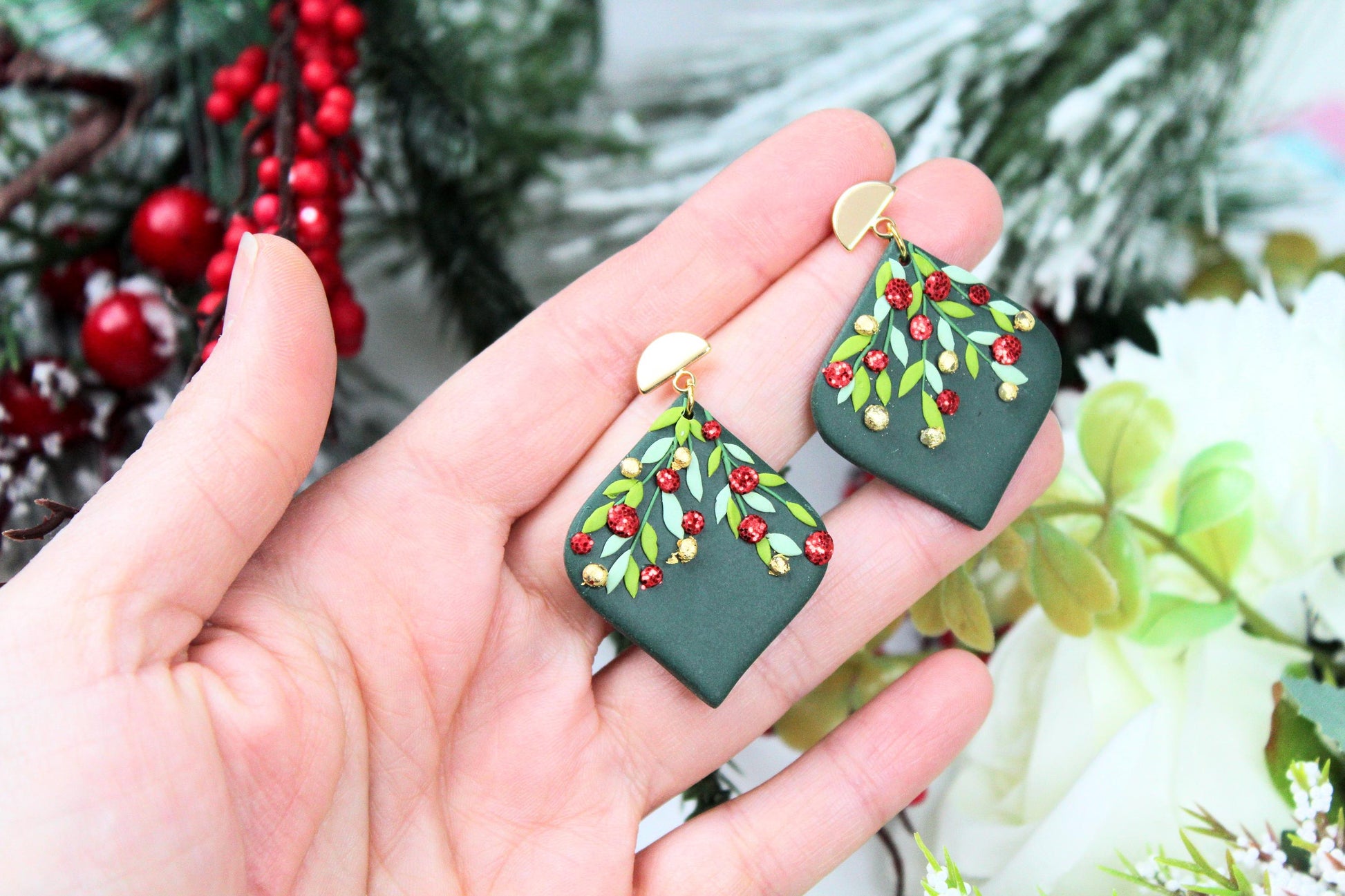 Christmas Earrings, Elegant Holiday Earrings, Handmade Earrings, Green Earrings, Christmas Tree Balls, Statement Earrings,Gift,Handmade Gift