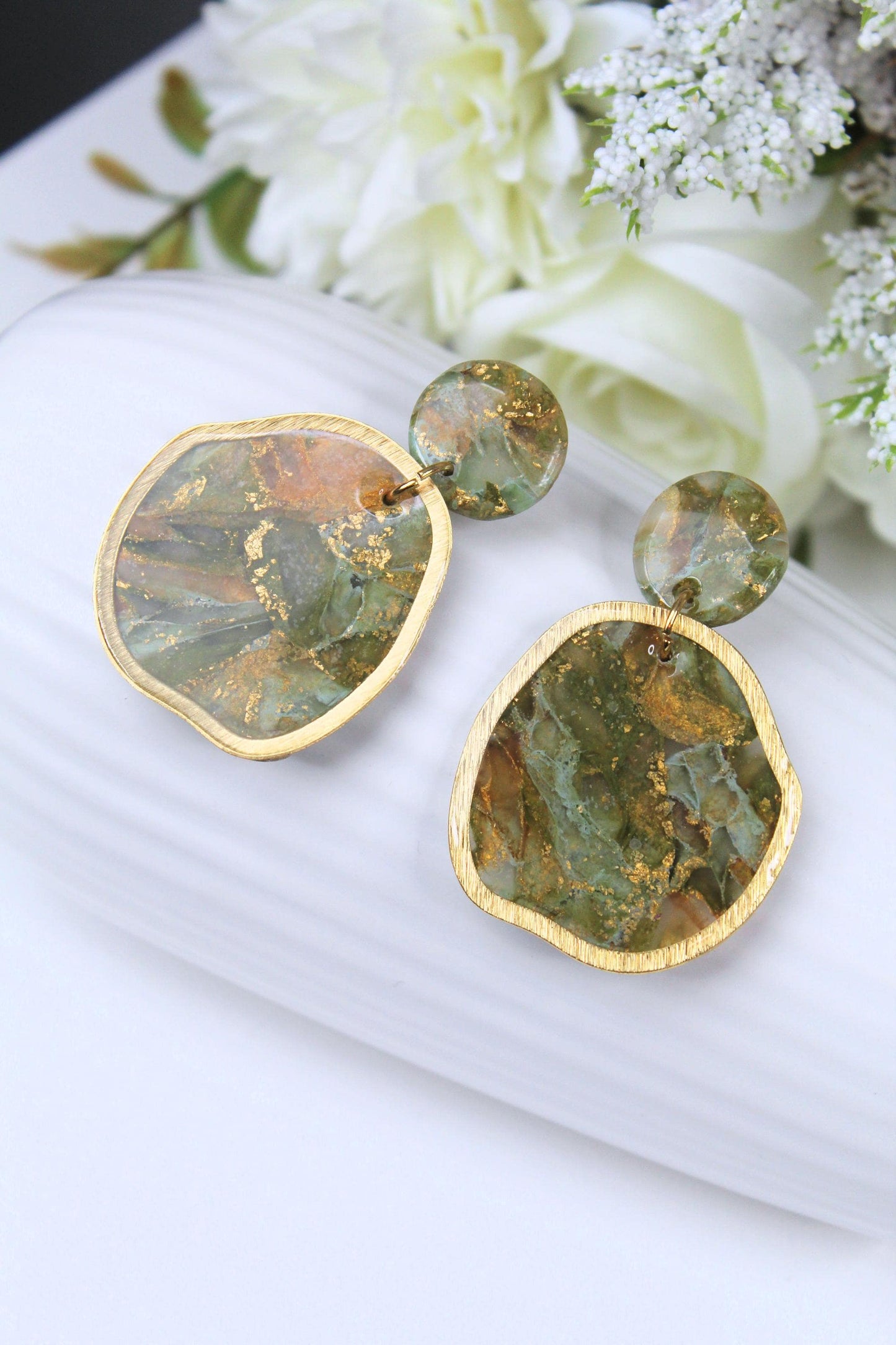 Statement Earrings, Green Earrings, Green and Golden Earrings, Marble Clay Earrings, Elegant Earrings, Polymer Clay, Aesthetic,Handmade,Gift