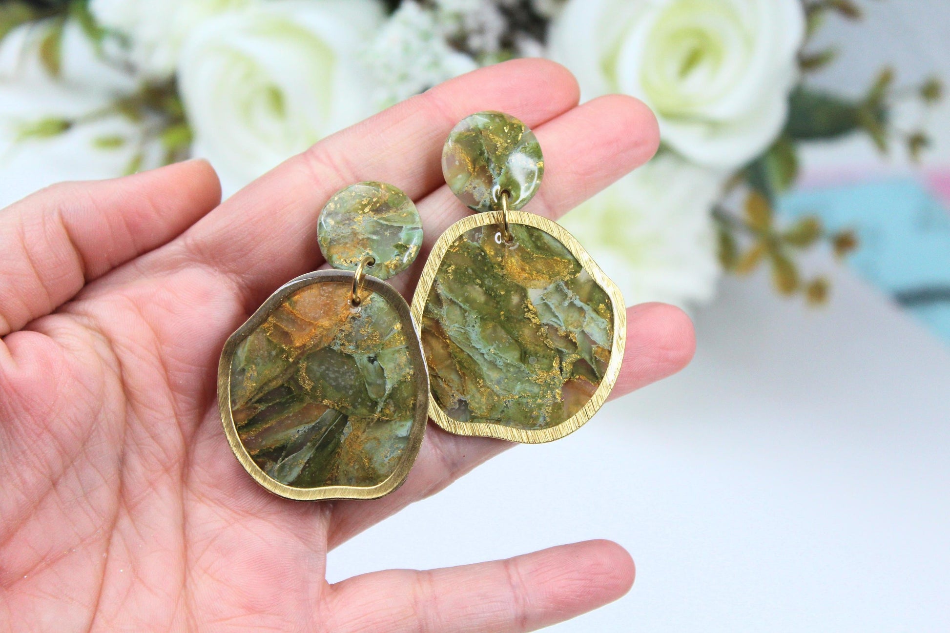 Statement Earrings, Green Earrings, Green and Golden Earrings, Marble Clay Earrings, Elegant Earrings, Polymer Clay, Aesthetic,Handmade,Gift