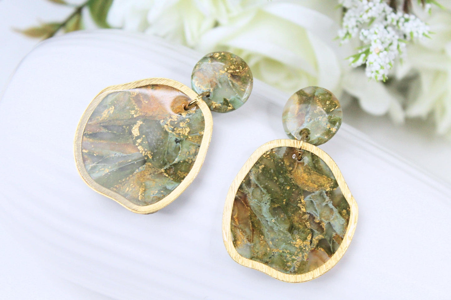 Statement Earrings, Green Earrings, Green and Golden Earrings, Marble Clay Earrings, Elegant Earrings, Polymer Clay, Aesthetic,Handmade,Gift