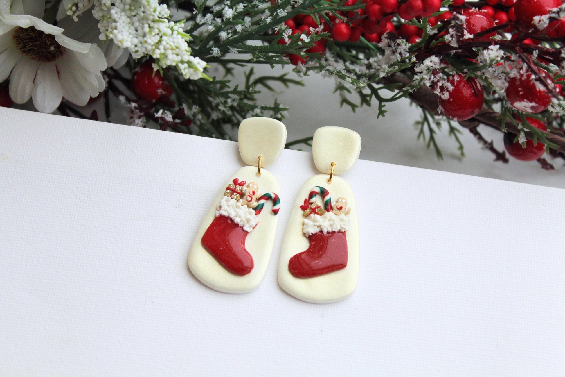 Santa Sock Earrings, Christmas Gift Earrings, Santa Gift, Polymer Clay,Christmas Earrings, Statement Earrings, Handmade, Christams Gift Idea