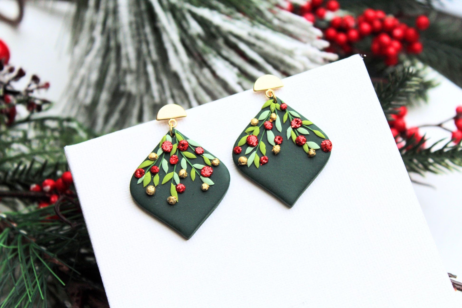 Christmas Earrings, Elegant Holiday Earrings, Handmade Earrings, Green Earrings, Christmas Tree Balls, Statement Earrings,Gift,Handmade Gift