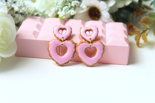 Cookie Heart Earrings, Heart Earrings, Valentine's Day Earrings, Polymer Clay Earrings, Cute Earrings, Elegant Earrings, Pink, Handmade,Gift