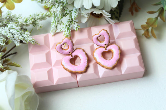 Cookie Heart Earrings, Heart Earrings, Valentine's Day Earrings, Polymer Clay Earrings, Cute Earrings, Elegant Earrings, Pink, Handmade,Gift