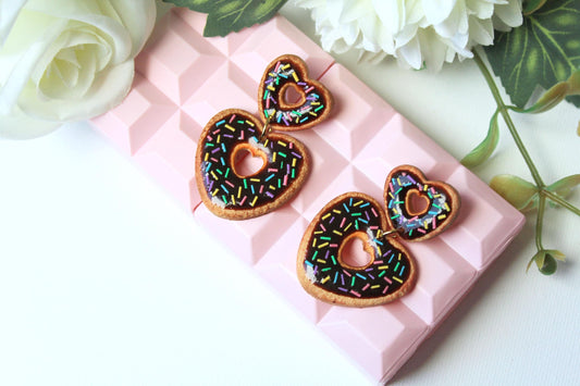 Cookie Earrings, Cookie Heart Earrings, Heart Earrings, Valentine's Day Earrings, Polymer Clay Earrings, Cute Earrings, Pink, Handmade,Gift