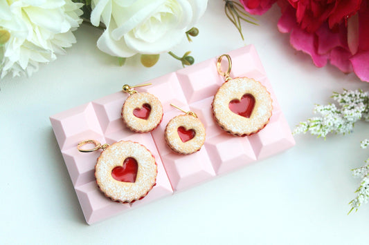 Linzer Cookie Earrings, Cookie Heart Earrings, Cookie Earrings, Valentine's Day Earrings, Polymer Clay Earrings, Cute Earrings, Handmade