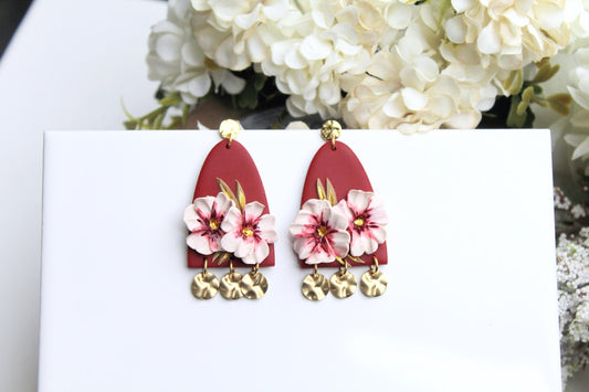 Flower Earrings, Burgundy Earrings, Floral Earrings, Polymer Clay Floral Earrings, Spring Earrings,Elegant Statement Earrings, Handmade,Gift