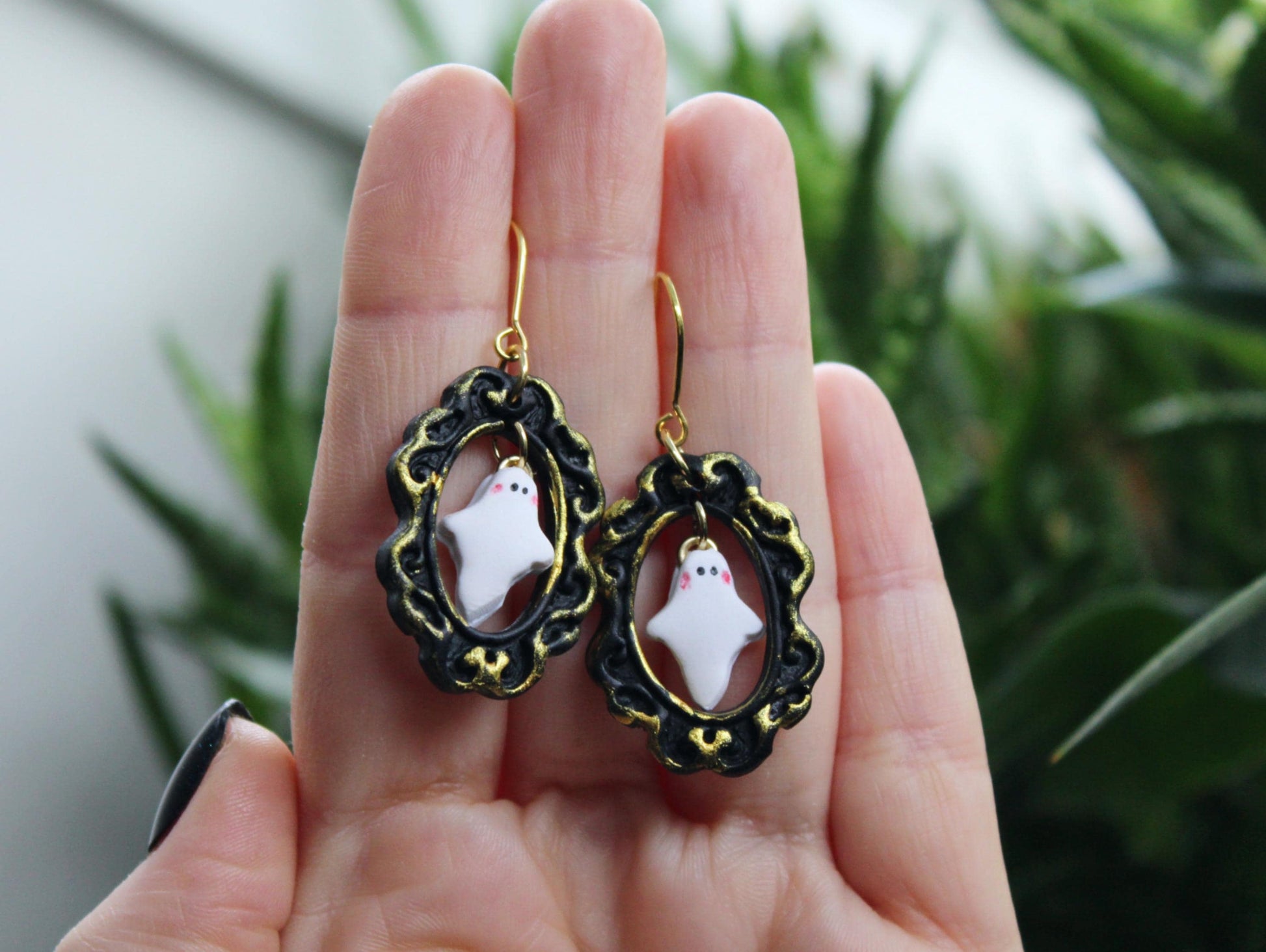 Ghost Earrings, Halloween Earrings, Polymer Clay Earrings, Ghost in a Frame, Frame Earrings, Halloween Earrings Clay, Halloween Earrings