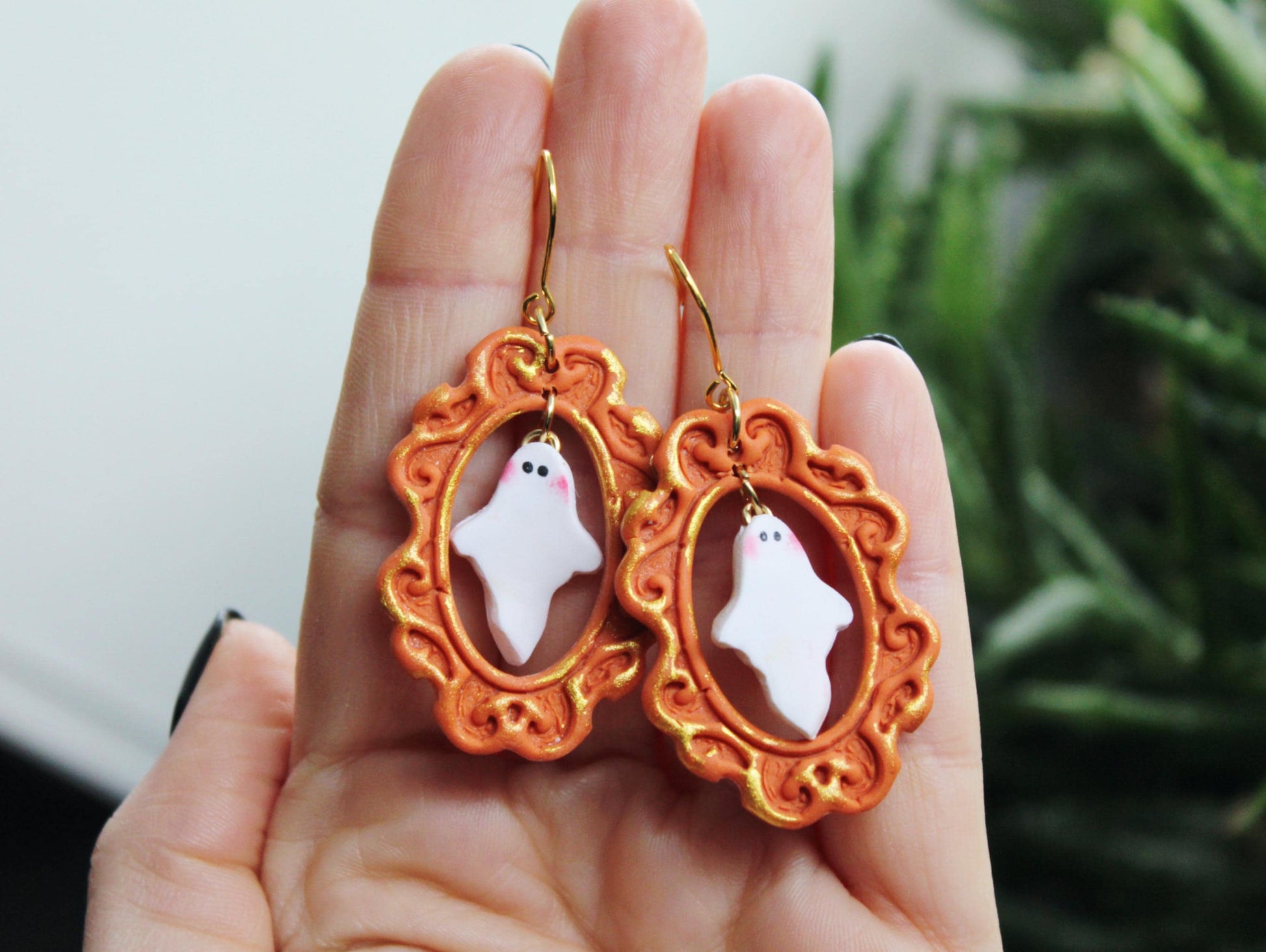 Ghost Earrings, Halloween Earrings, Polymer Clay Earrings, Ghost in a Frame, Frame Earrings, Halloween Earrings Clay, Halloween Earrings