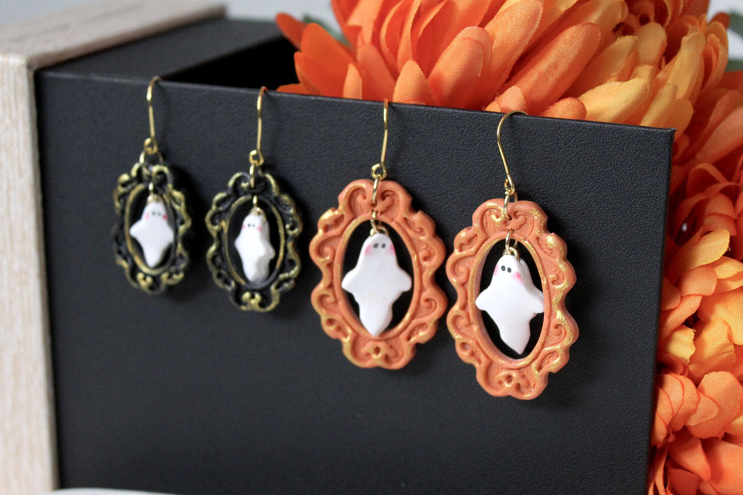 Ghost Earrings, Halloween Earrings, Polymer Clay Earrings, Ghost in a Frame, Frame Earrings, Halloween Earrings Clay, Halloween Earrings